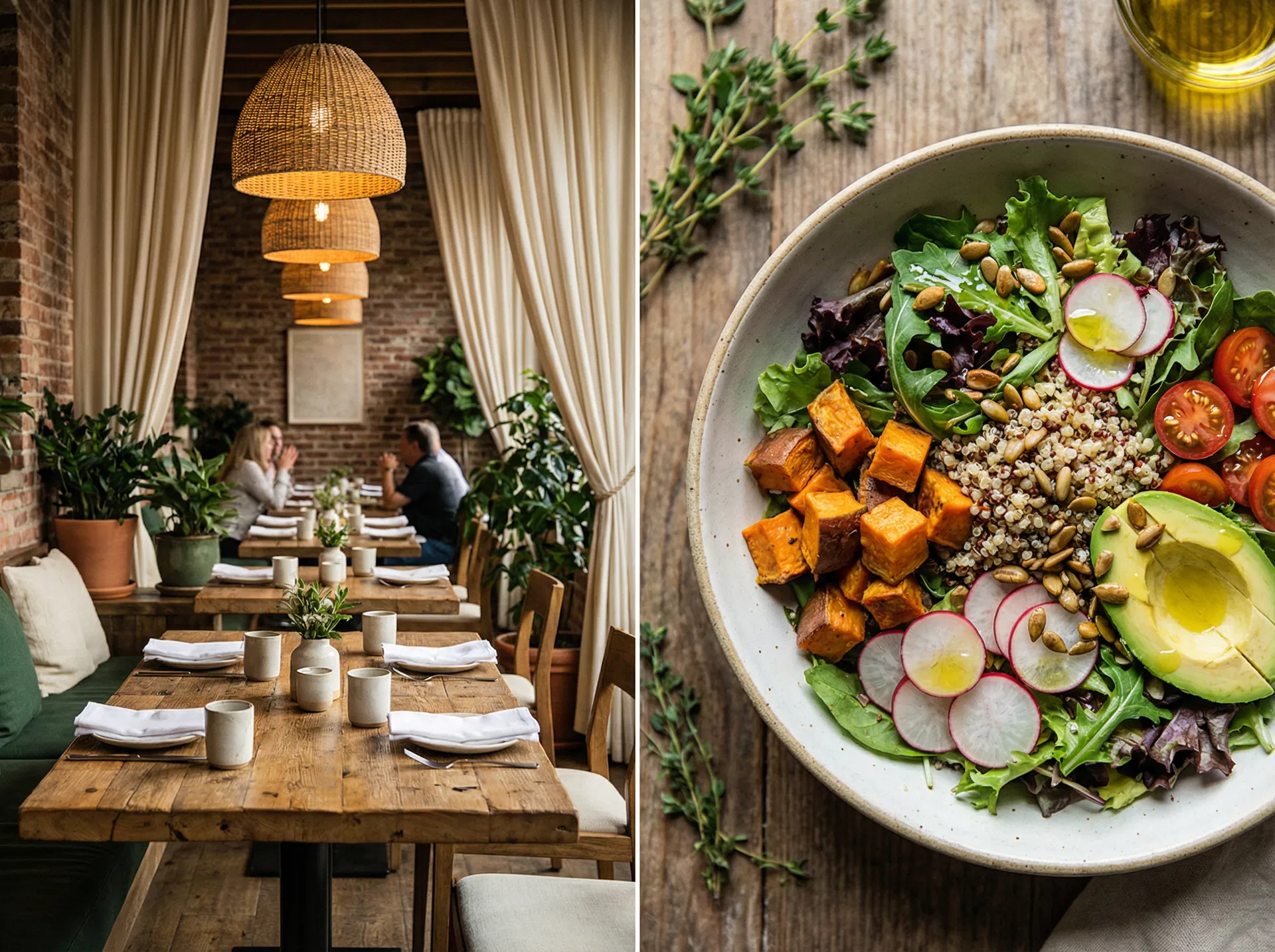 Restaurant interior and organic salad bowl