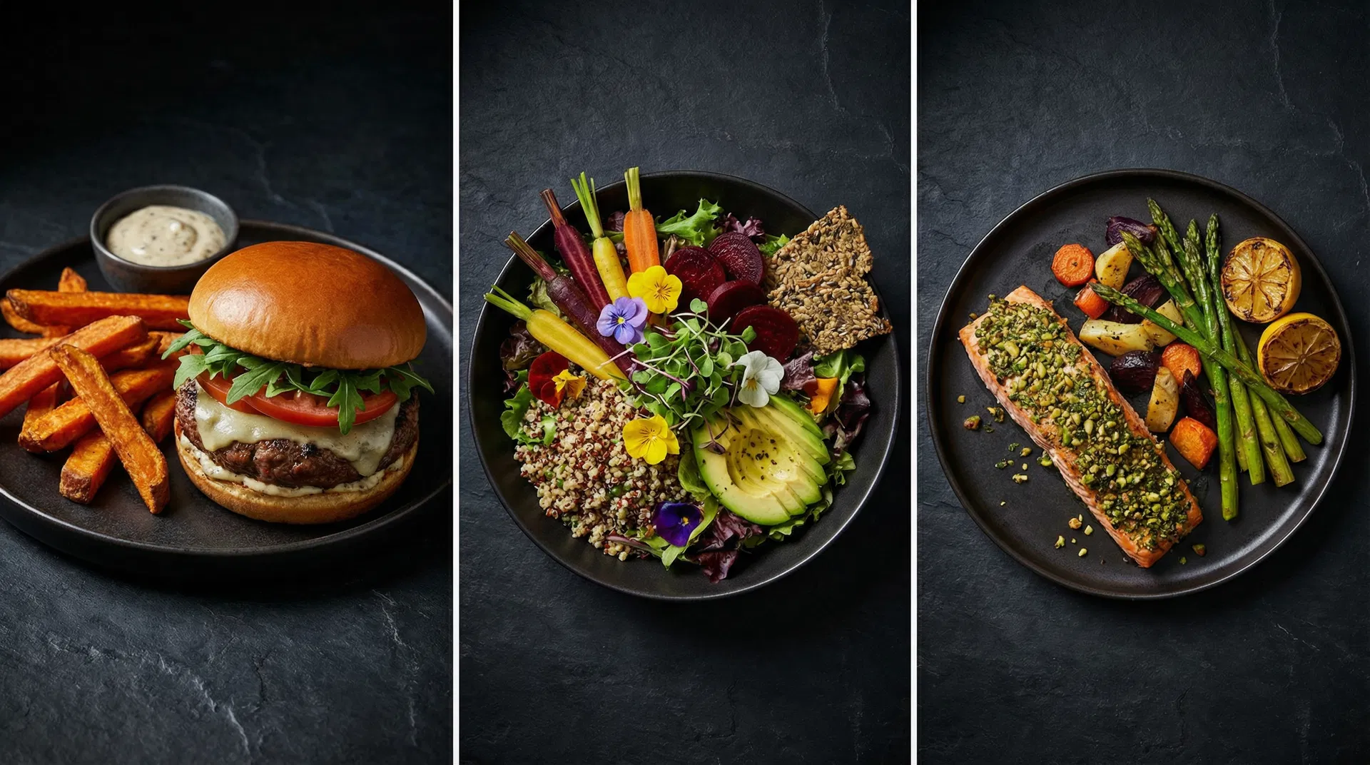 KOBS signature dishes — wagyu burger, organic salad bowl, wild-caught salmon