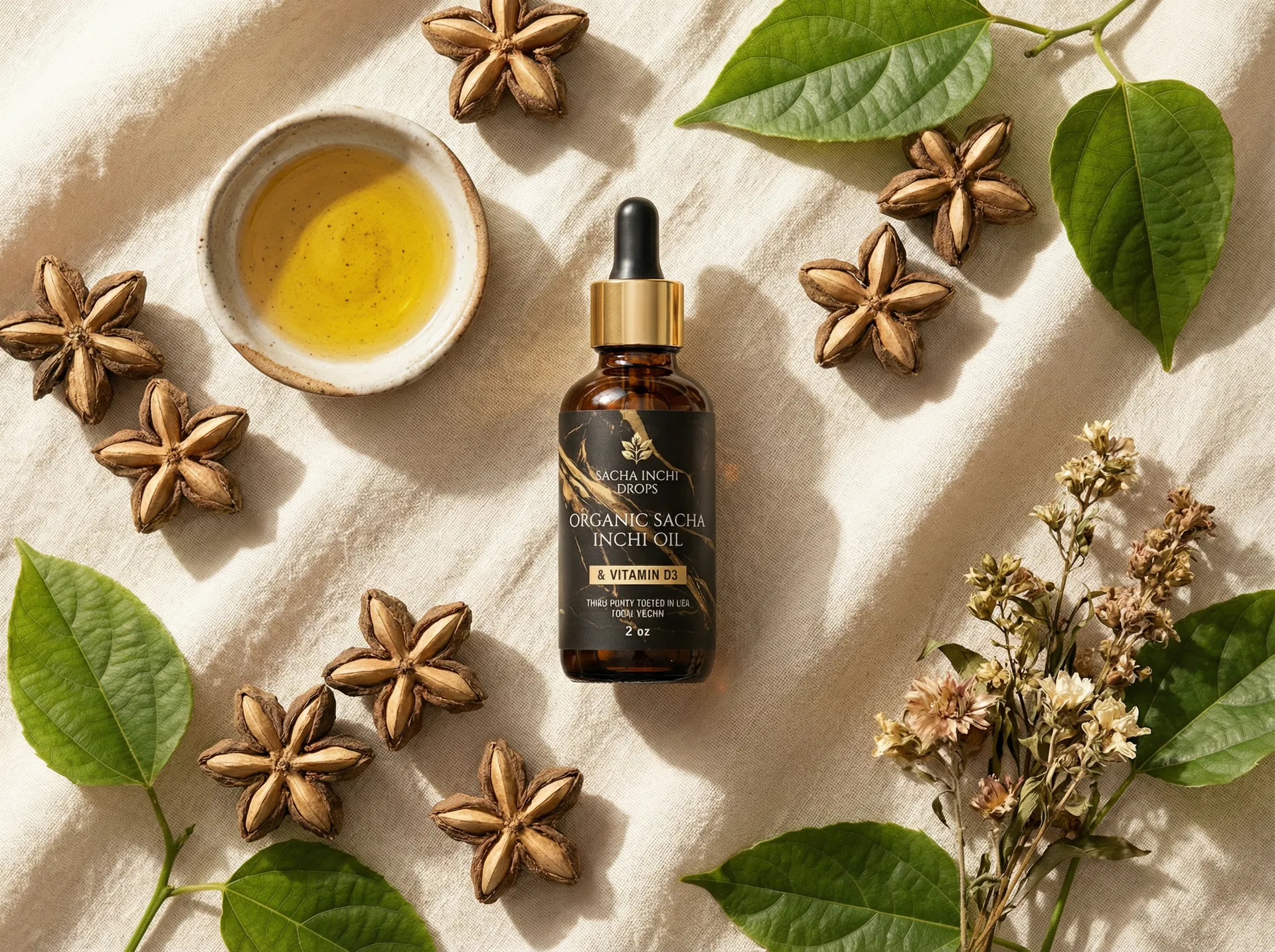 Athera Sacha Inchi Oil bottle with star-shaped seeds