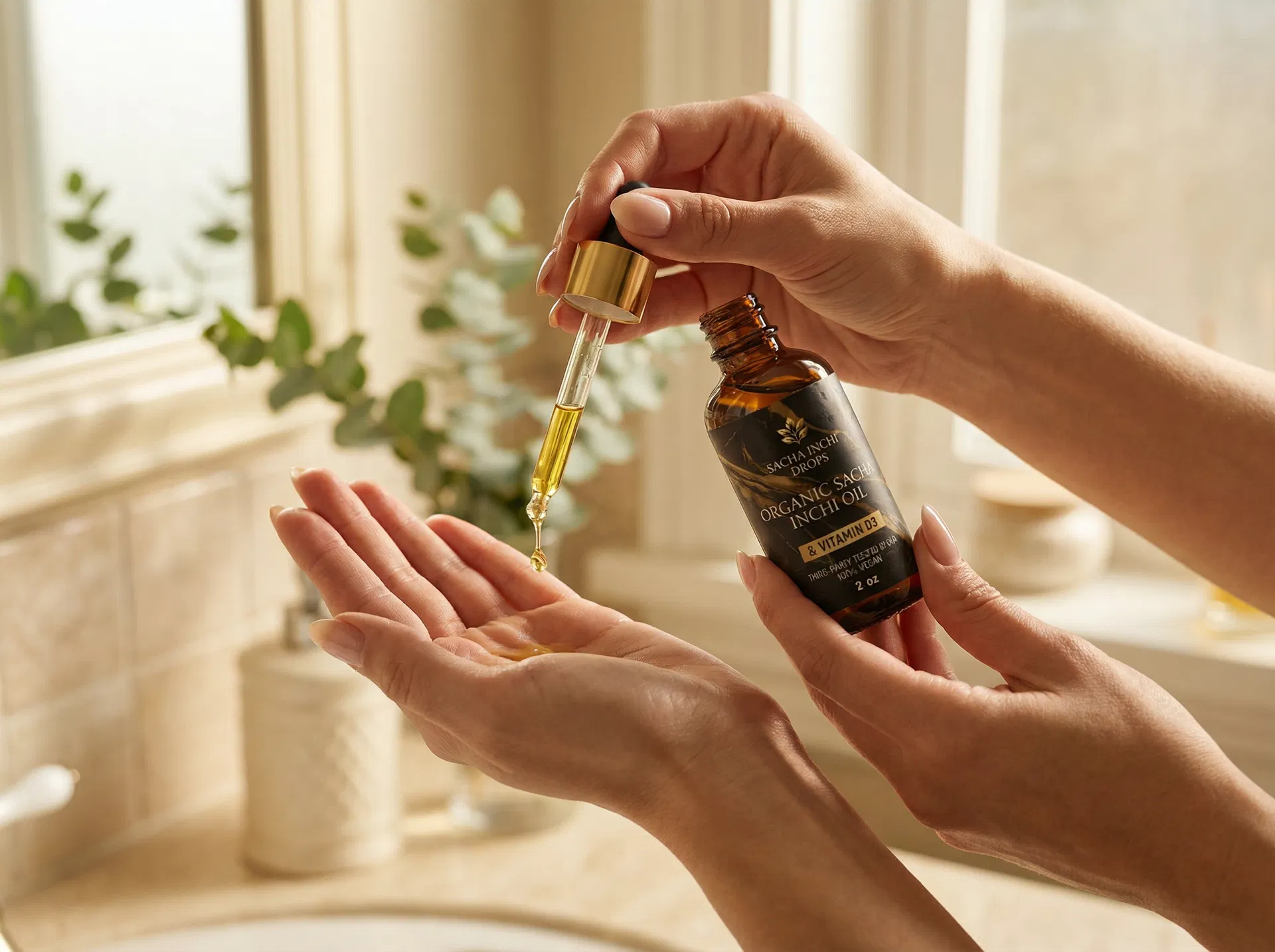 Close-up of Sacha Inchi oil dropper with seeds