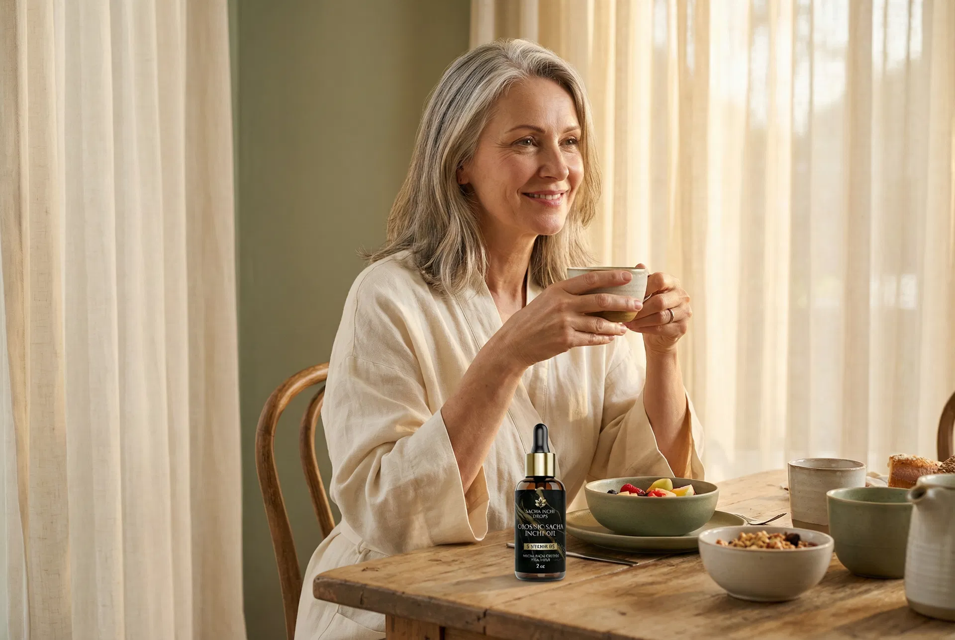 Woman in her 50s holding Sacha Inchi oil, looking relaxed and pain-free