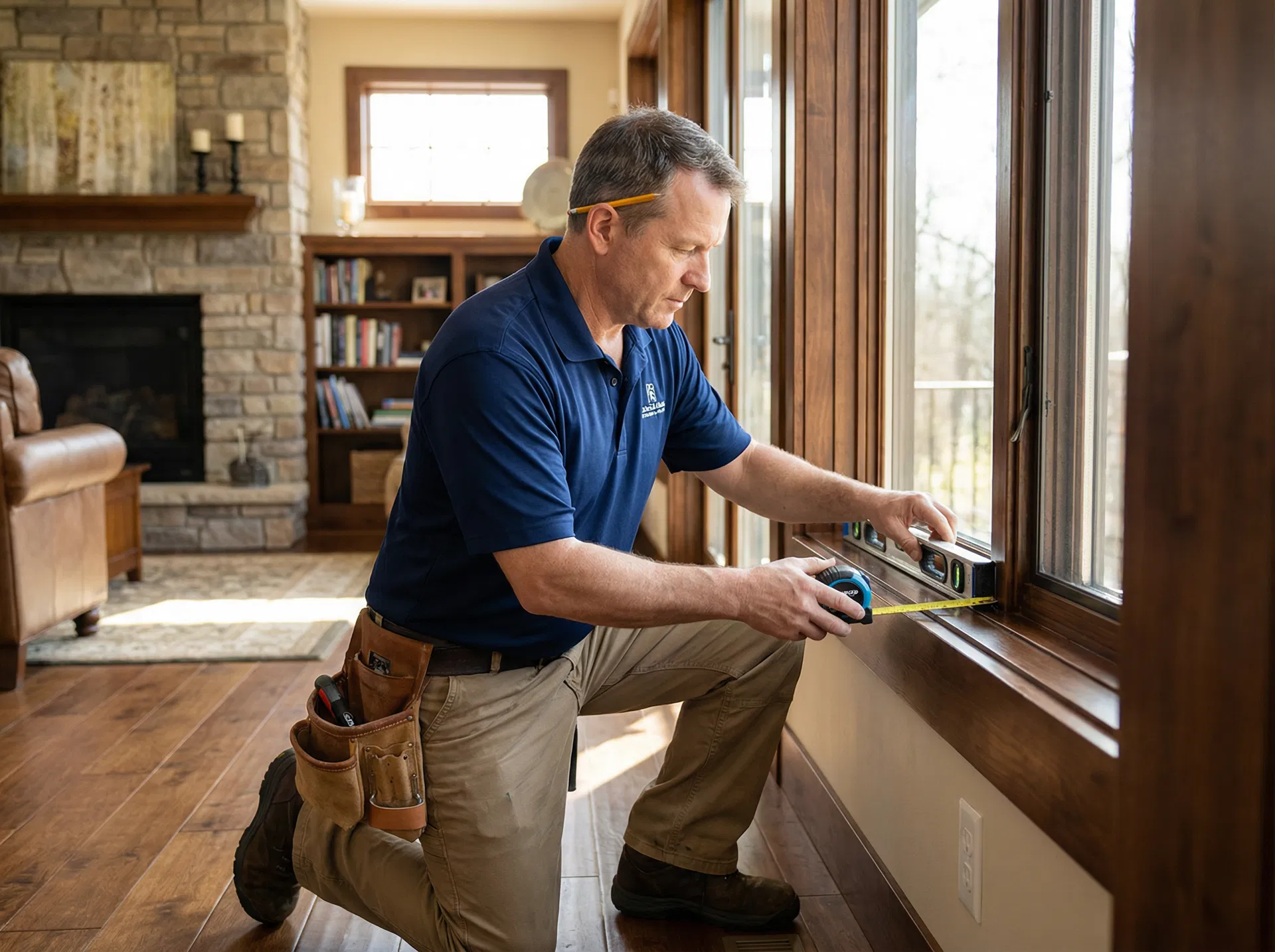 Professional window installer measuring with precision