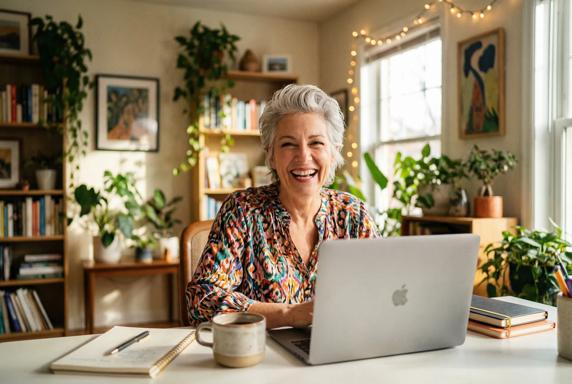 Vibrant woman in her late 50s working from home, smiling