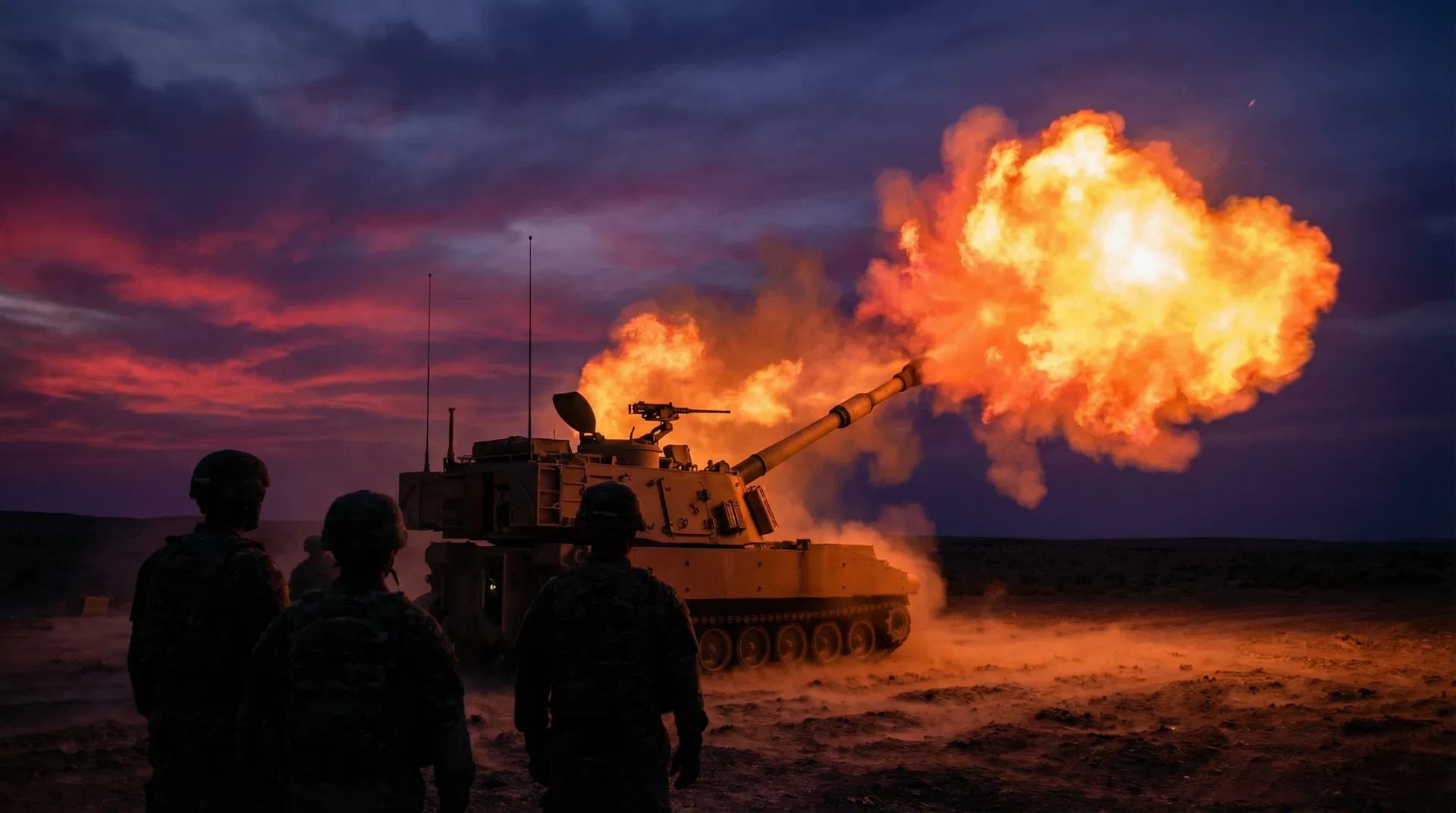 Artillery firing at dusk