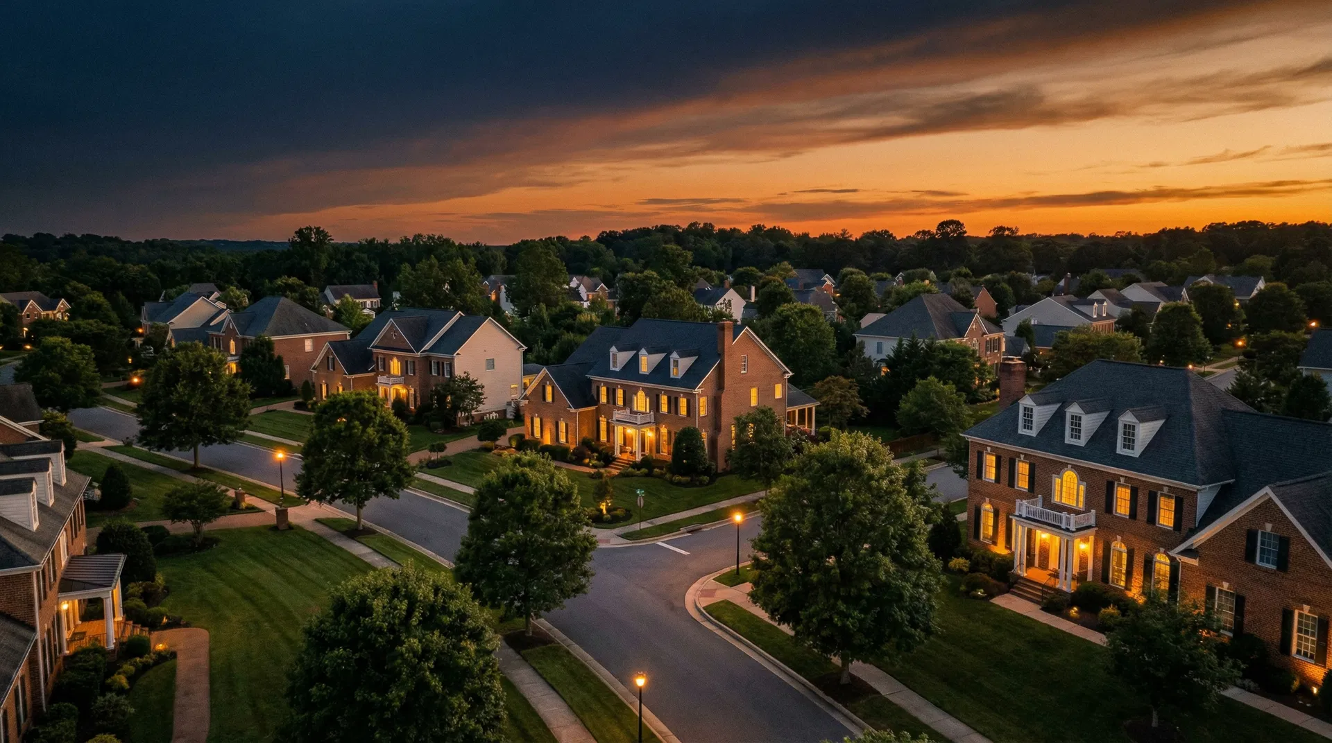 Northern Virginia neighborhood at twilight