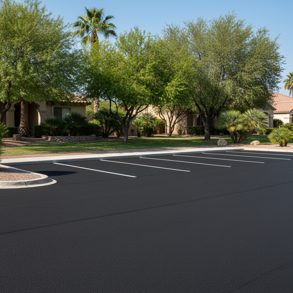 Completed parking lot paving work at a residential property in Peoria, AZ