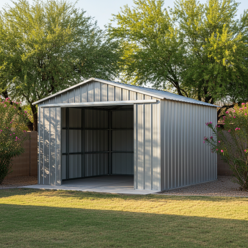 Completed metal frame sheds work at a residential property in Avondale, AZ