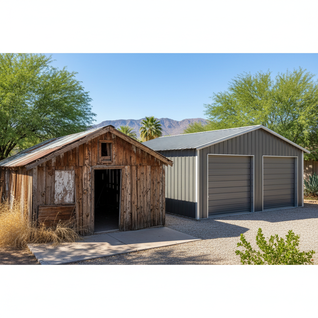 Completed metal frame garages work at a residential property in Mesa, AZ