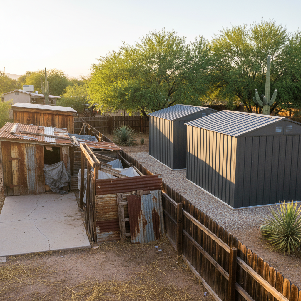 Completed metal frame sheds work at a residential property in Mesa, AZ