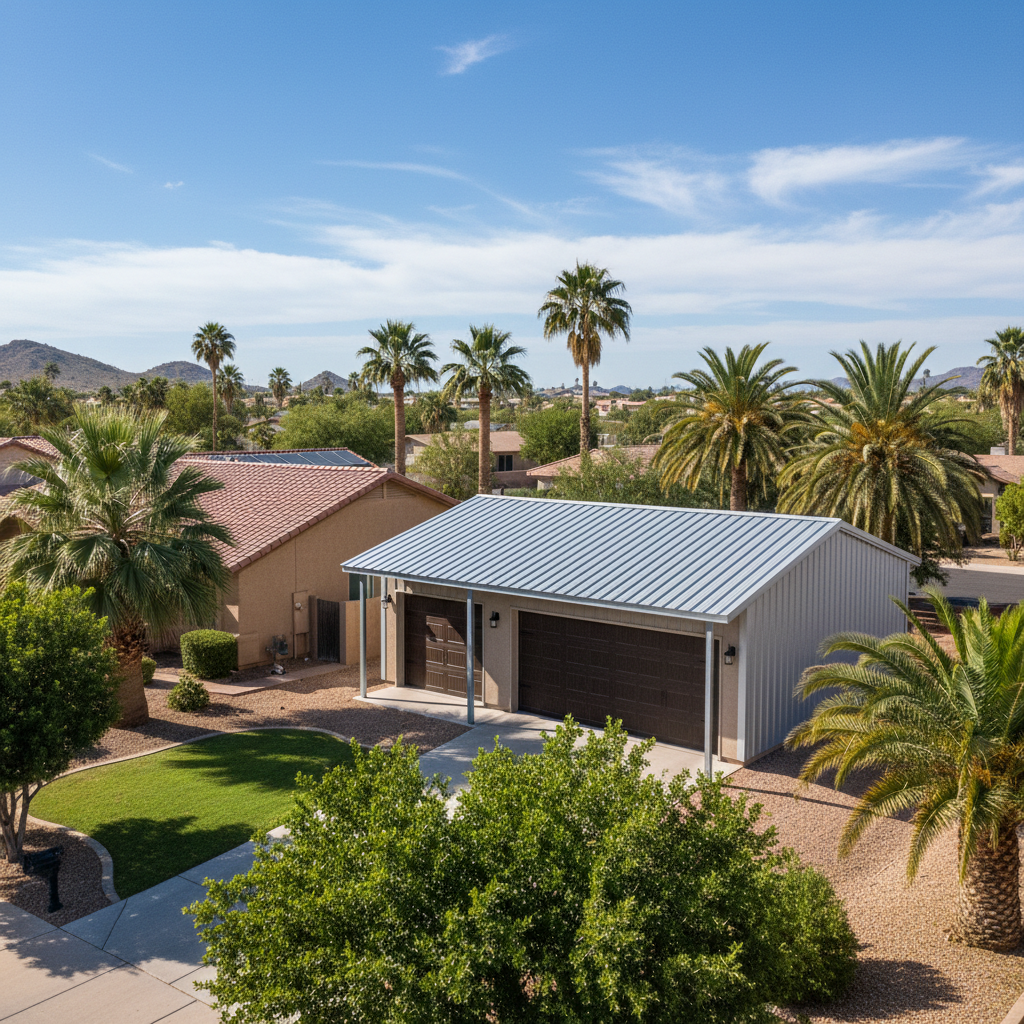 Completed metal frame garages work at a residential property in Peoria, AZ