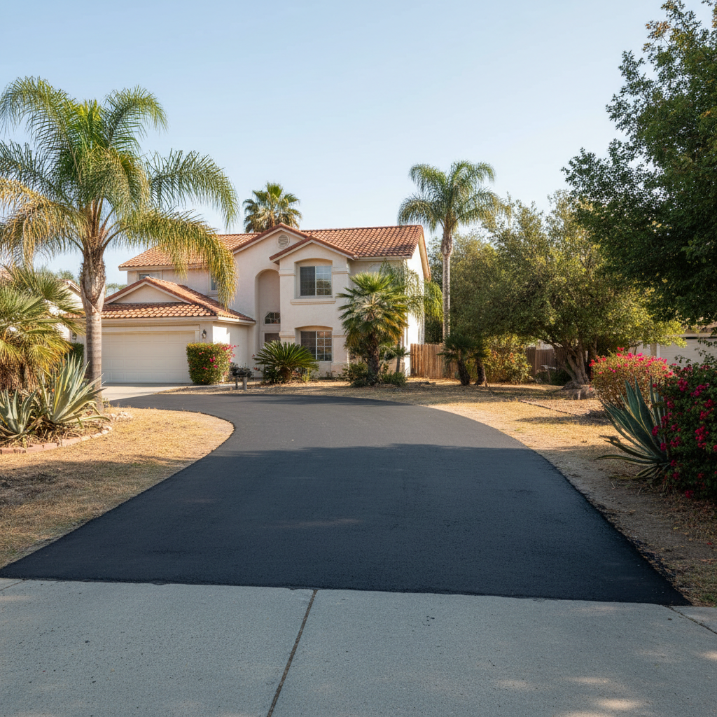 Completed asphalt repair work at a residential property in Kingsburg, CA