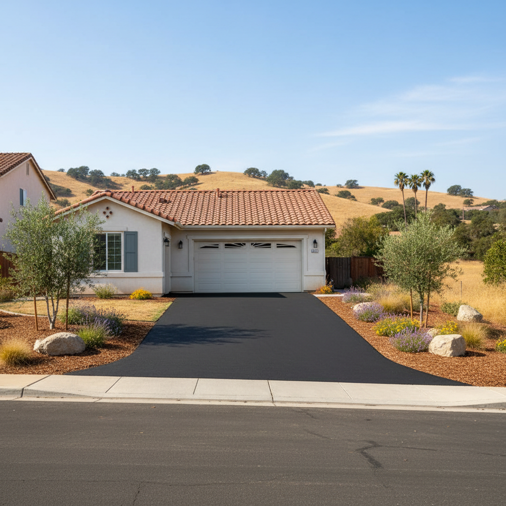 Completed driveway paving work at a residential property in Madera, CA