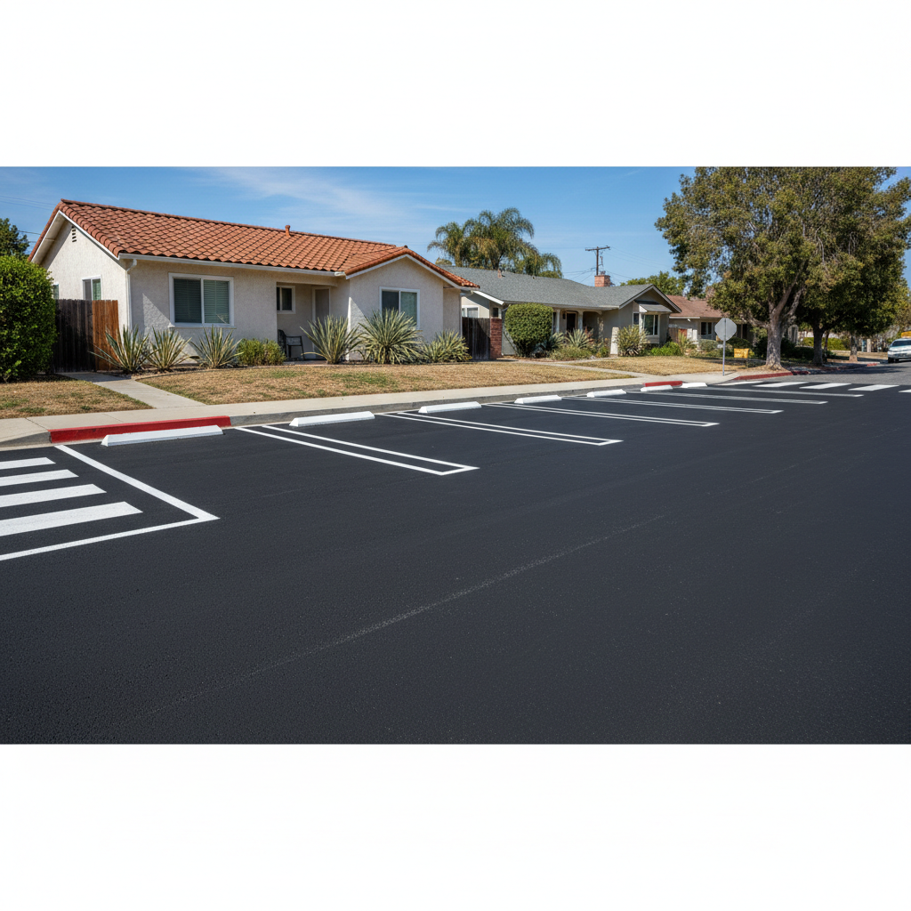 Completed asphalt striping work at a residential property in Costa Mesa, CA