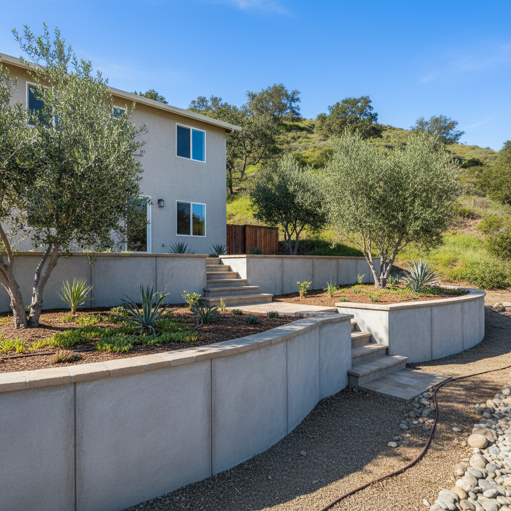 Completed concrete retaining walls work at a residential property in Ventura, CA
