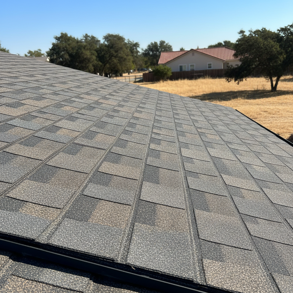 Completed asphalt shingle roofing work at a residential property in Elk Grove, CA
