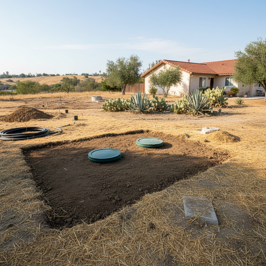 Completed septic tank replacement work at a residential property in Fresno, CA