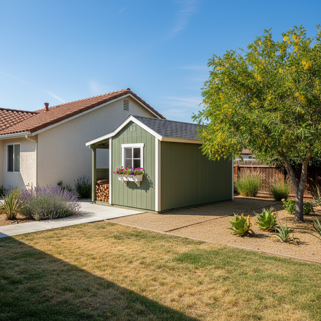Completed shed delivery and installation work at a residential property in Pomona, CA