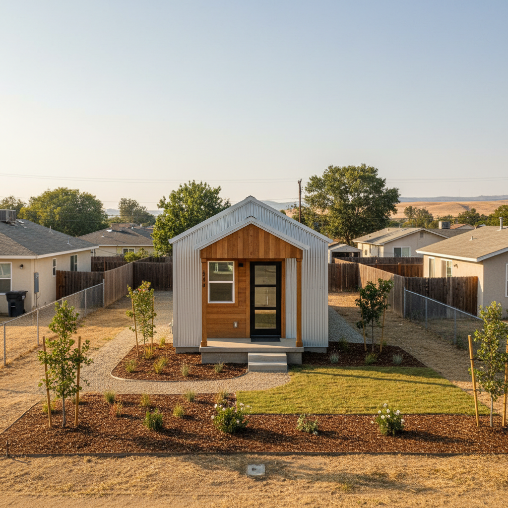 Completed tiny homes work at a residential property in Oakdale, CA