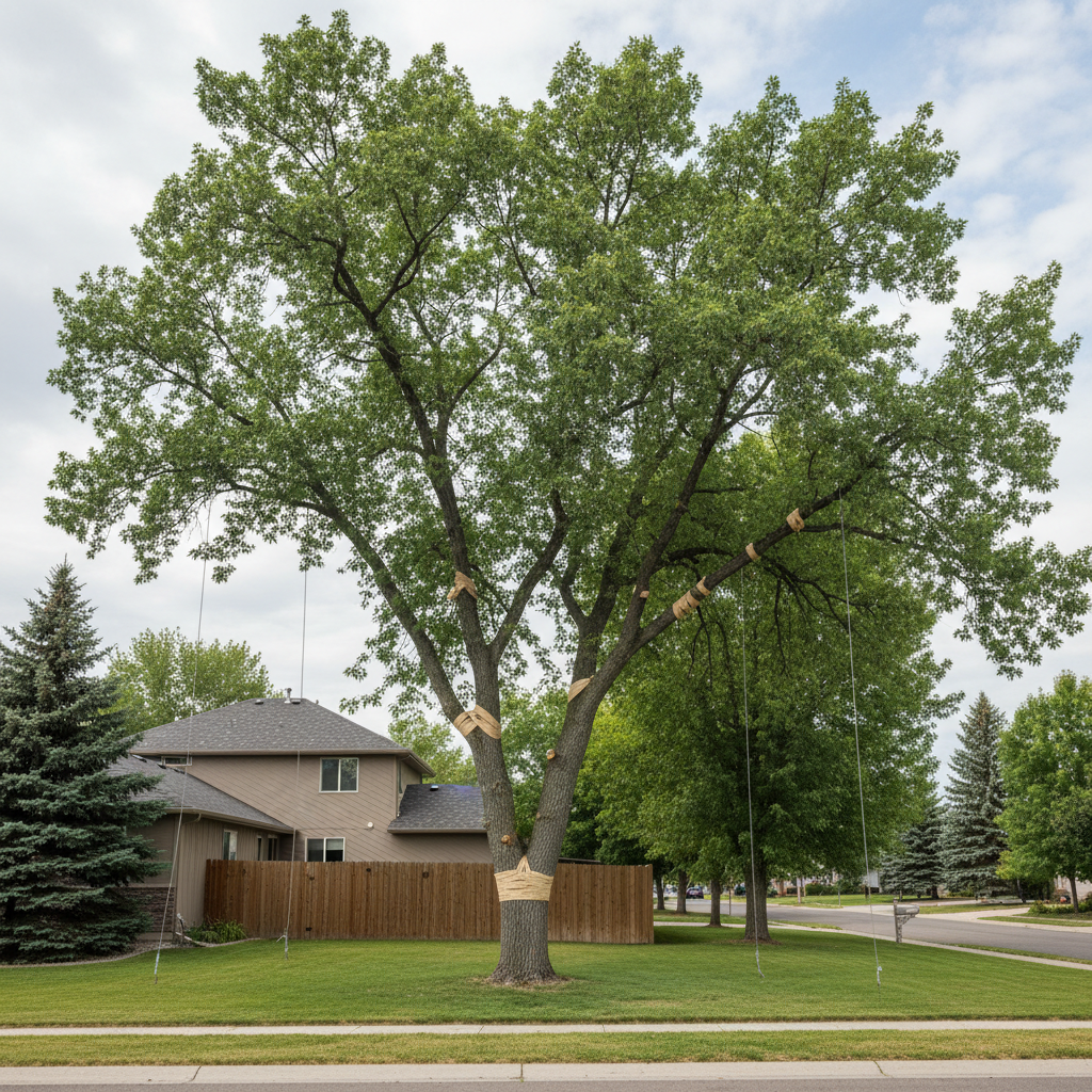 Completed tree cabling and bracing work at a residential property in Meridian, ID