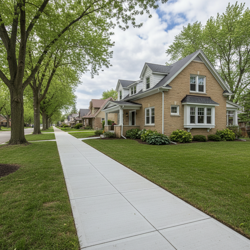 Completed concrete sidewalks work at a residential property in Elgin, IL