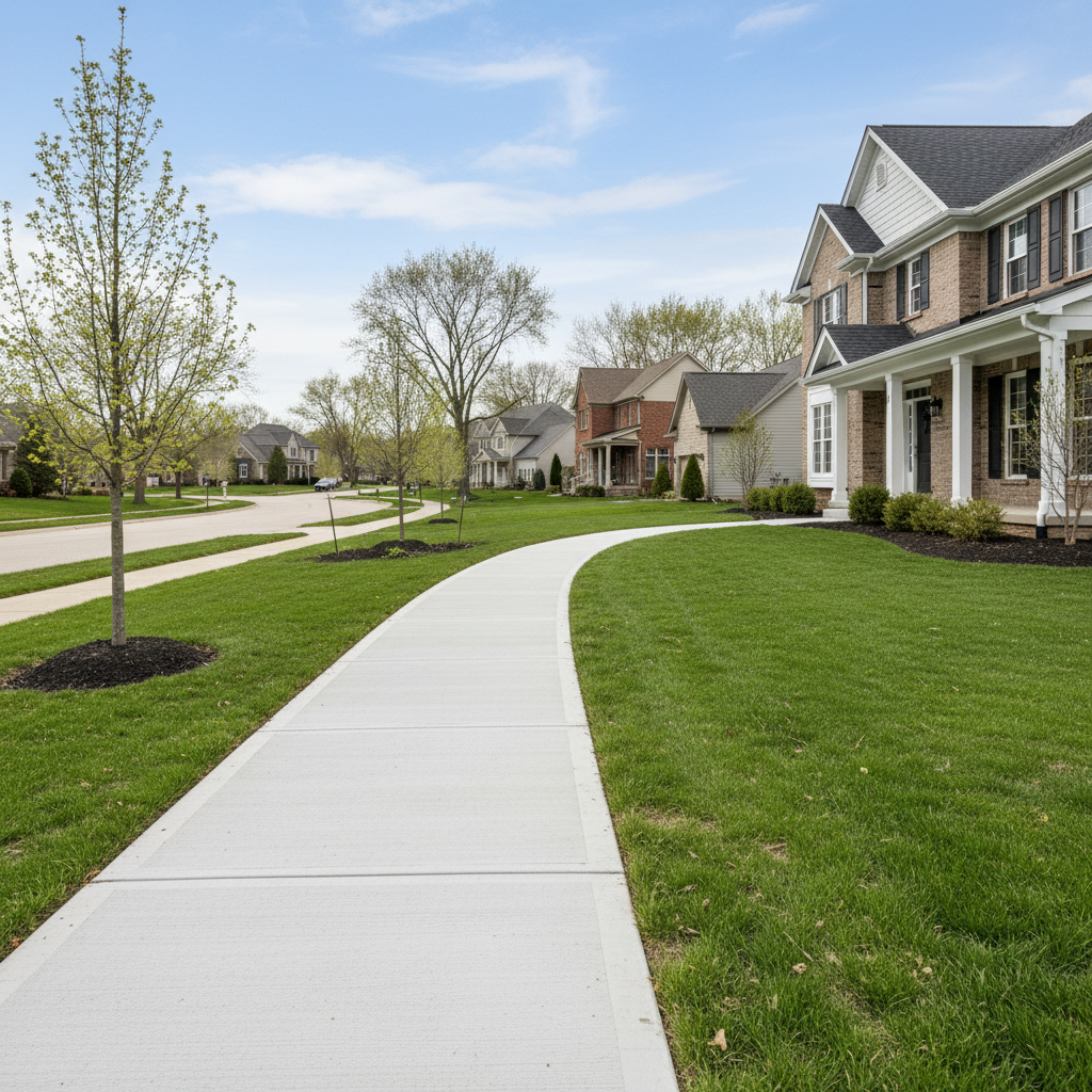 Completed concrete sidewalks work at a residential property in Wheaton, IL