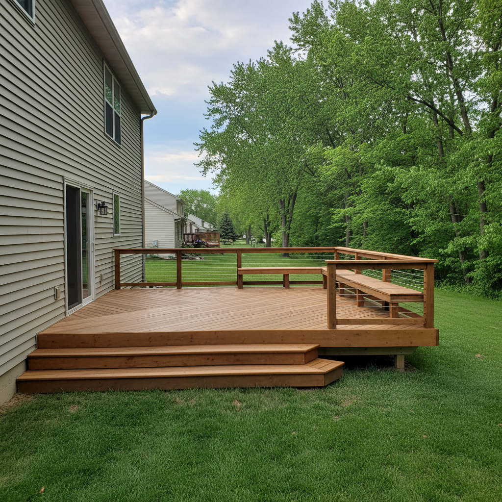 Completed deck construction work at a residential property in Rockford, IL