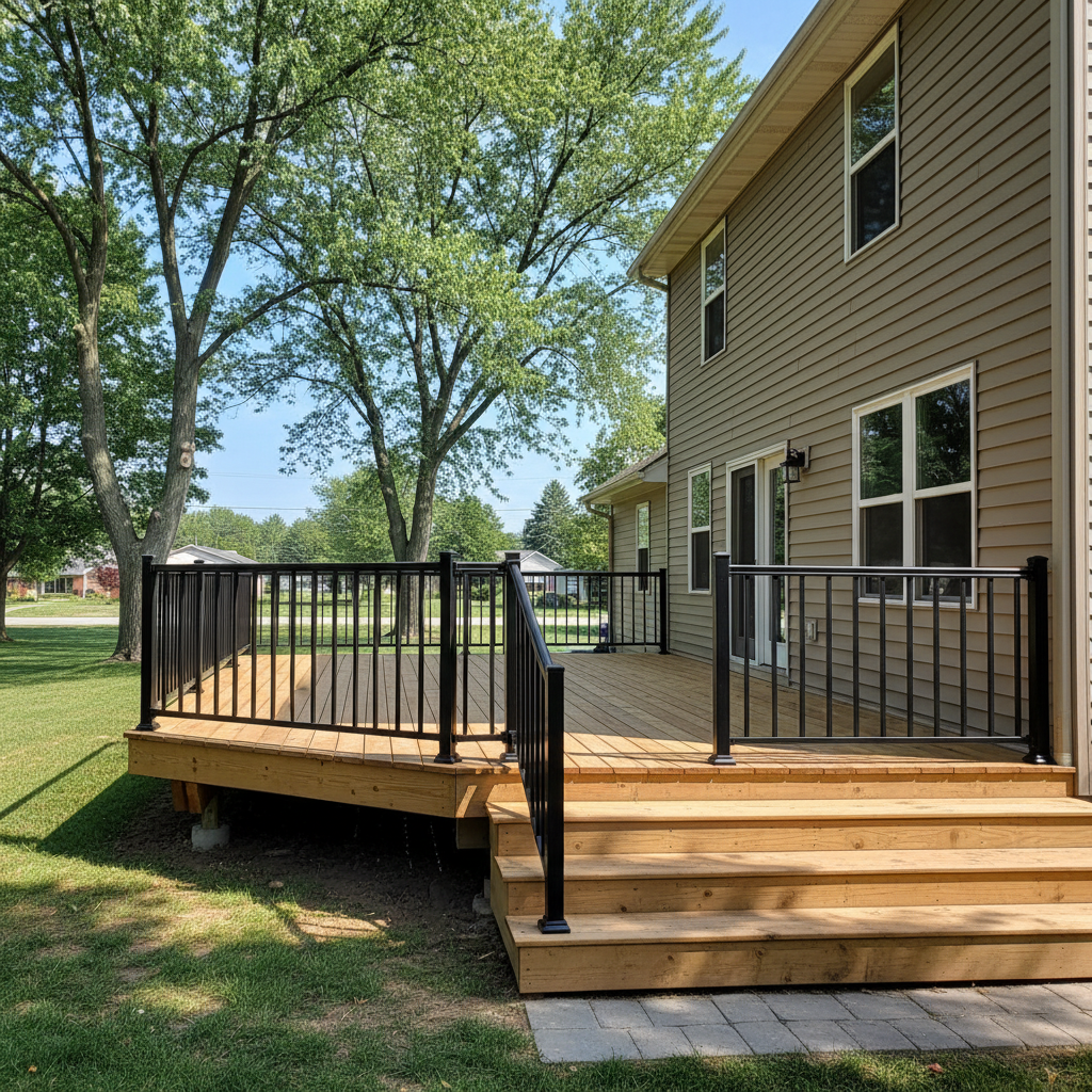 Completed deck railing installation work at a residential property in Rockford, IL