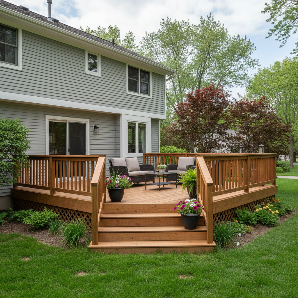 Completed deck construction work at a residential property in Rockford, IL