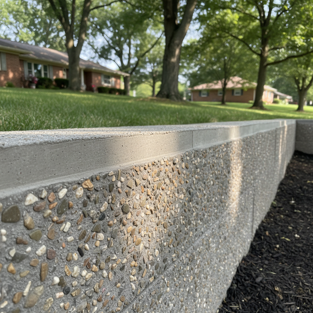 Completed concrete retaining walls work at a residential property in Muncie, IN