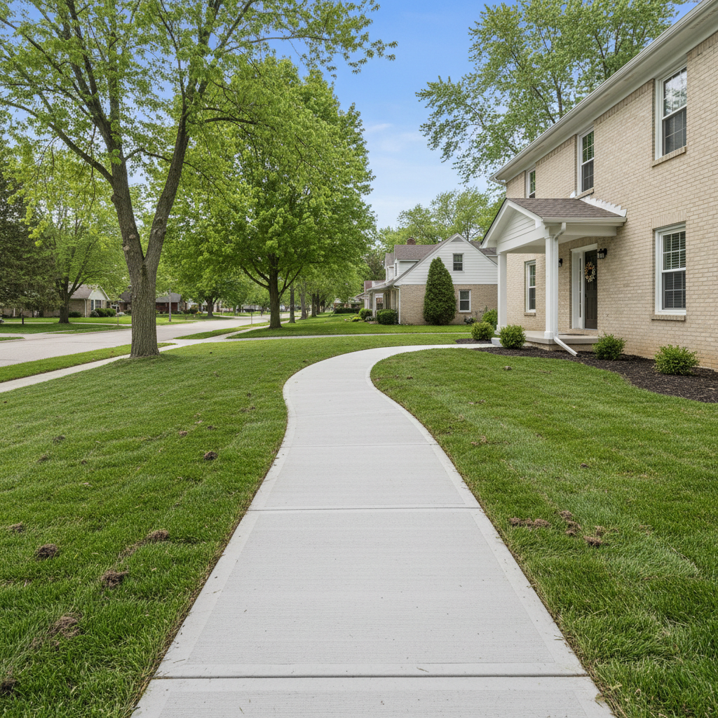 Completed concrete sidewalks work at a residential property in Muncie, IN