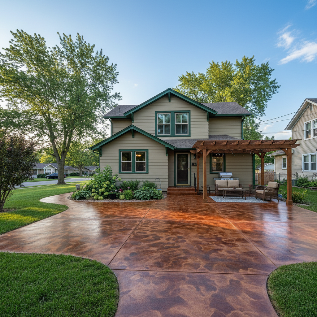 Completed concrete staining work at a residential property in Lawrence, KS