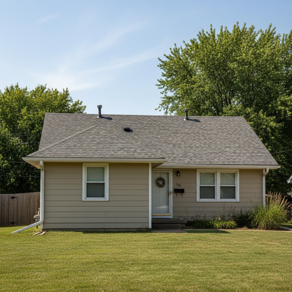 Completed asphalt shingle roofing work at a residential property in Derby, KS