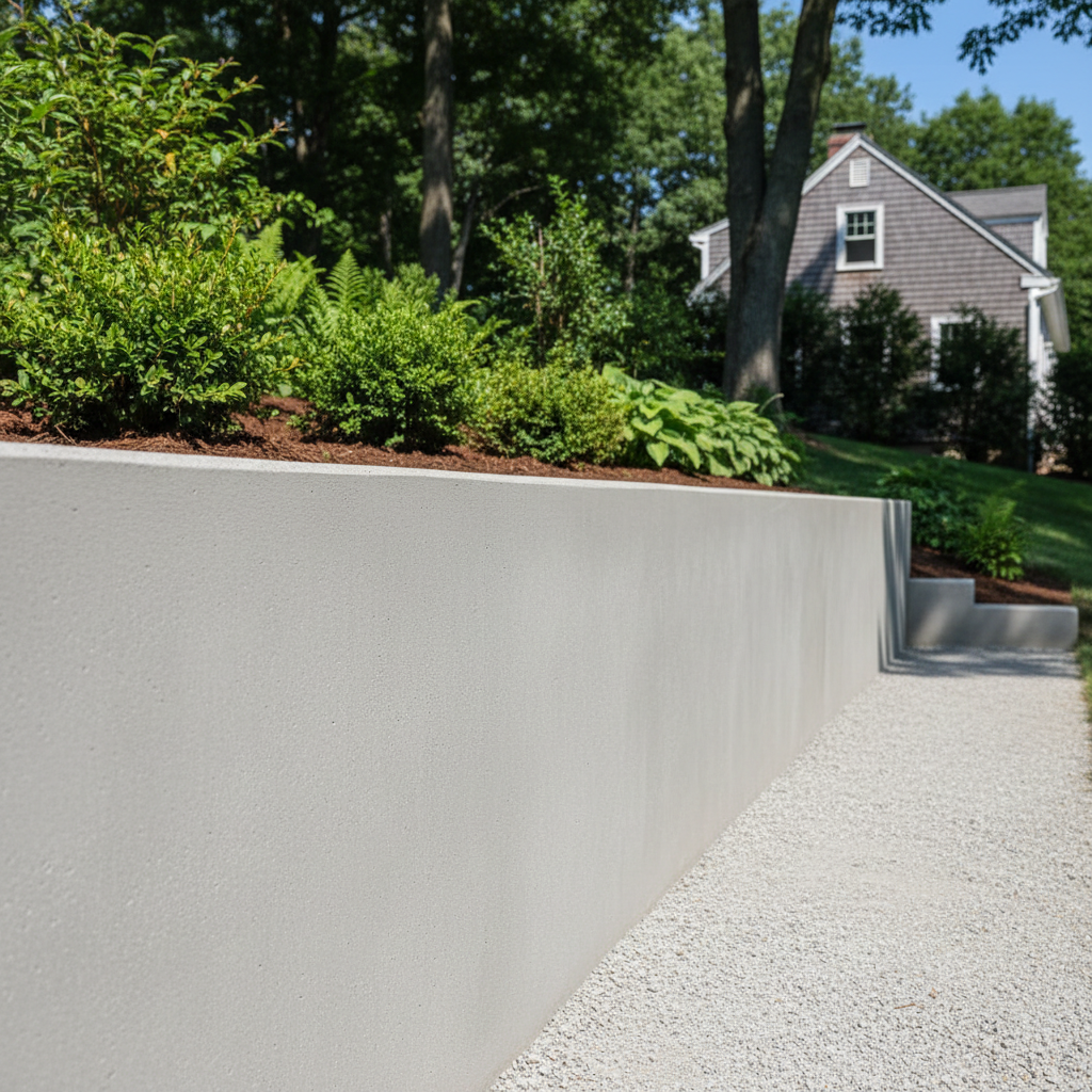 Completed concrete retaining walls work at a residential property in Weston, MA