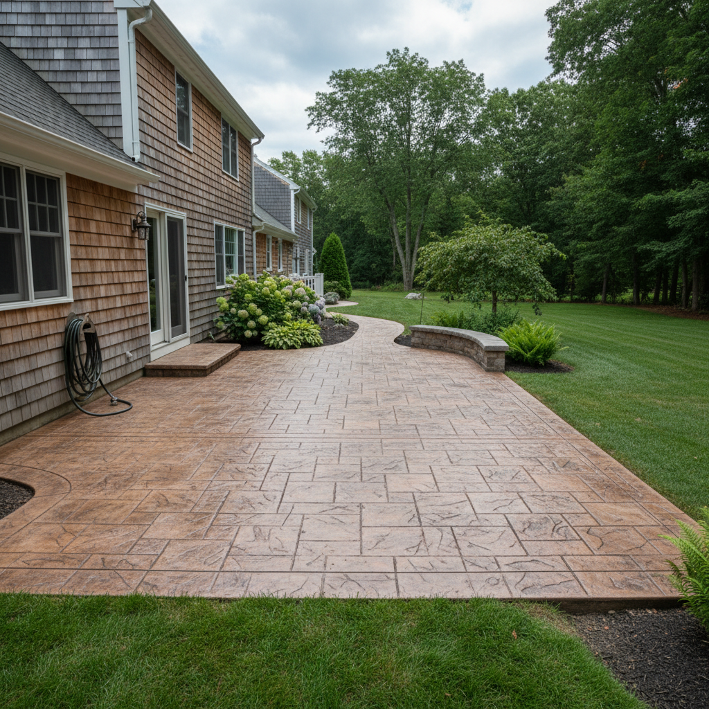 Completed stamped concrete work at a residential property in Weston, MA