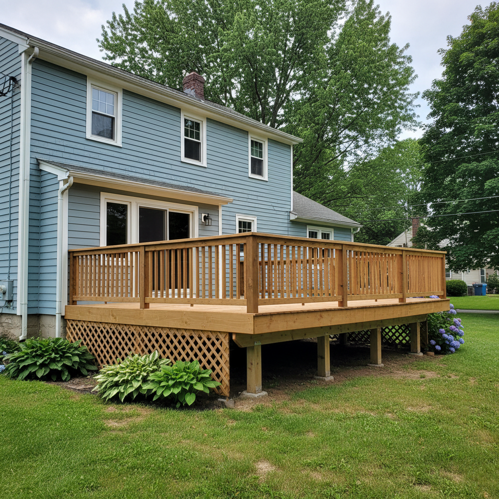 Completed deck construction work at a residential property in Medford, MA