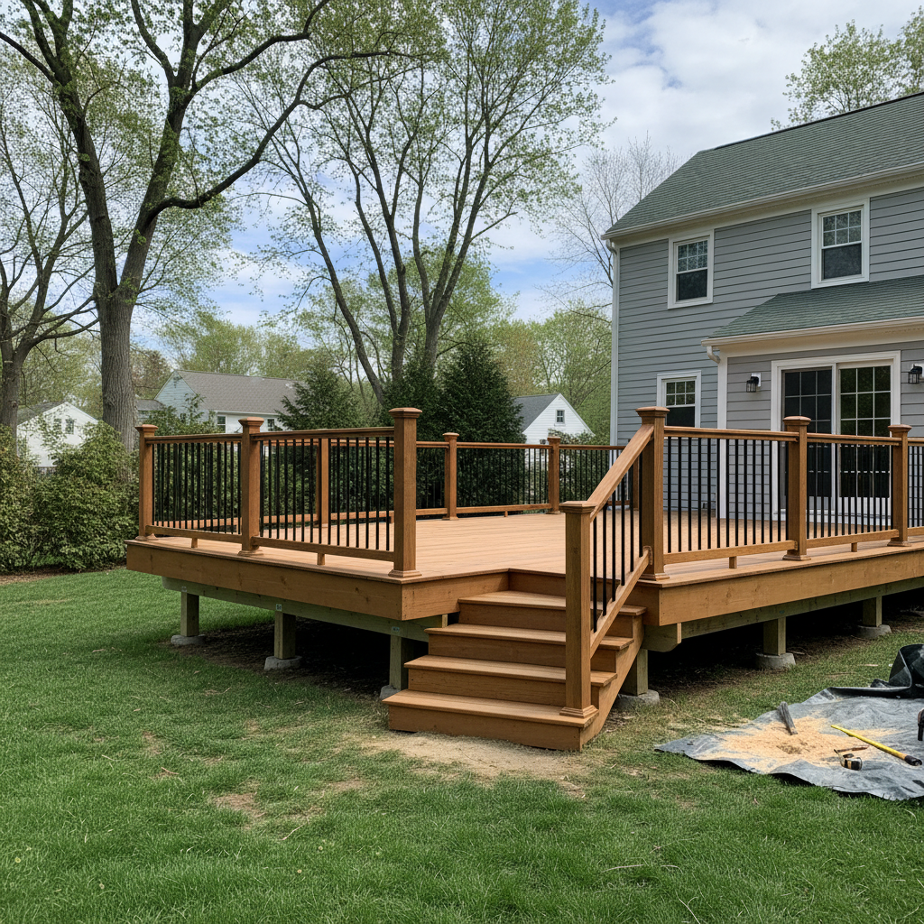 Completed deck construction work at a residential property in Medford, MA