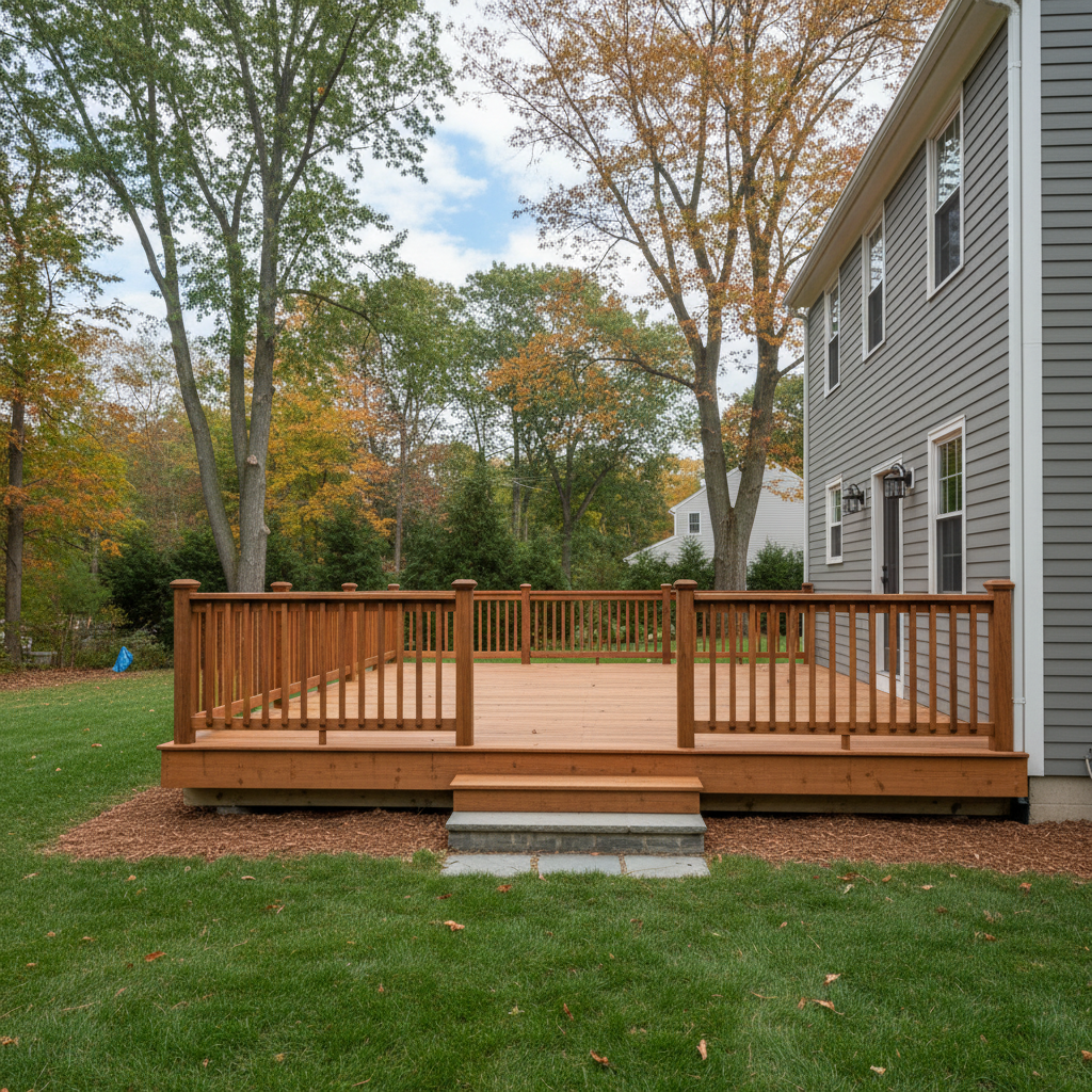 Completed wooden decks work at a residential property in Medford, MA