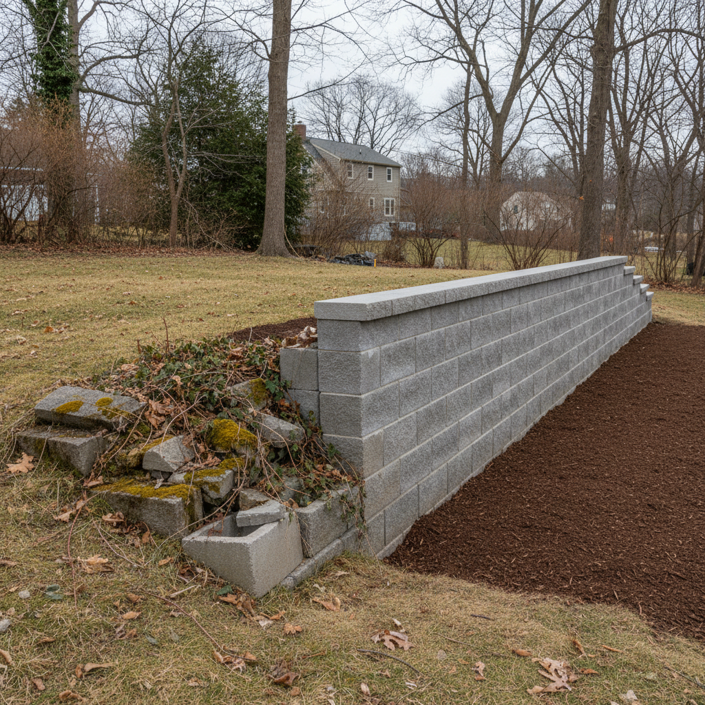 Completed block wall construction work at a residential property in Newton, MA