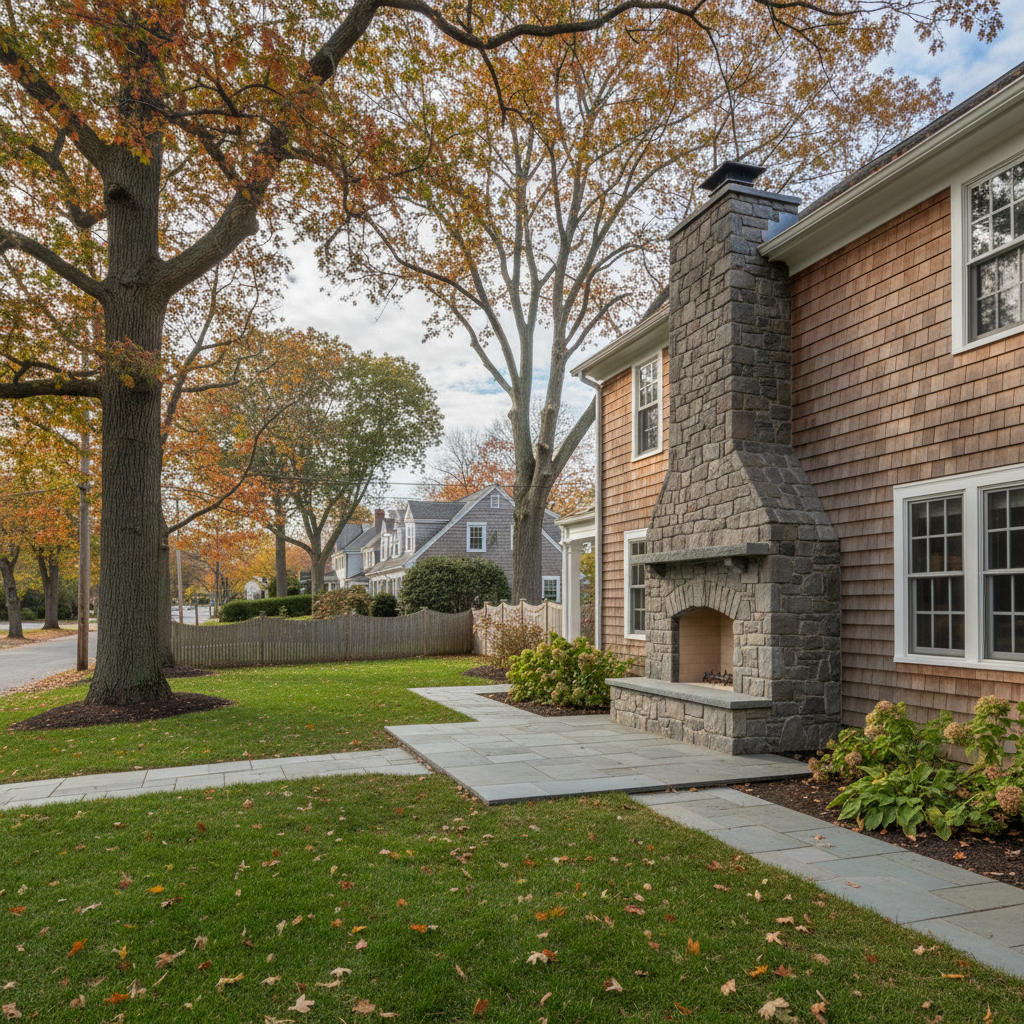 Completed fireplace construction work at a residential property in Needham, MA