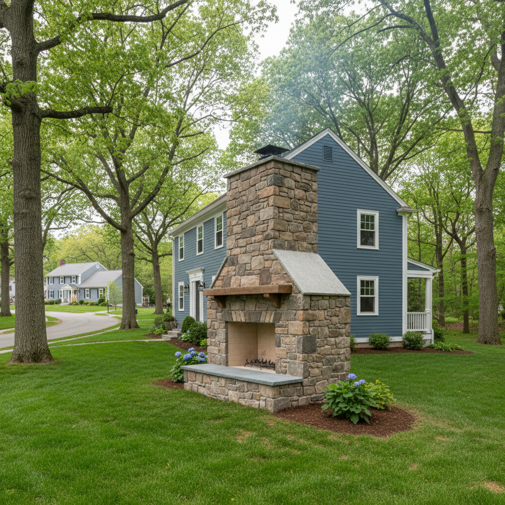 Completed fireplace construction work at a residential property in Needham, MA