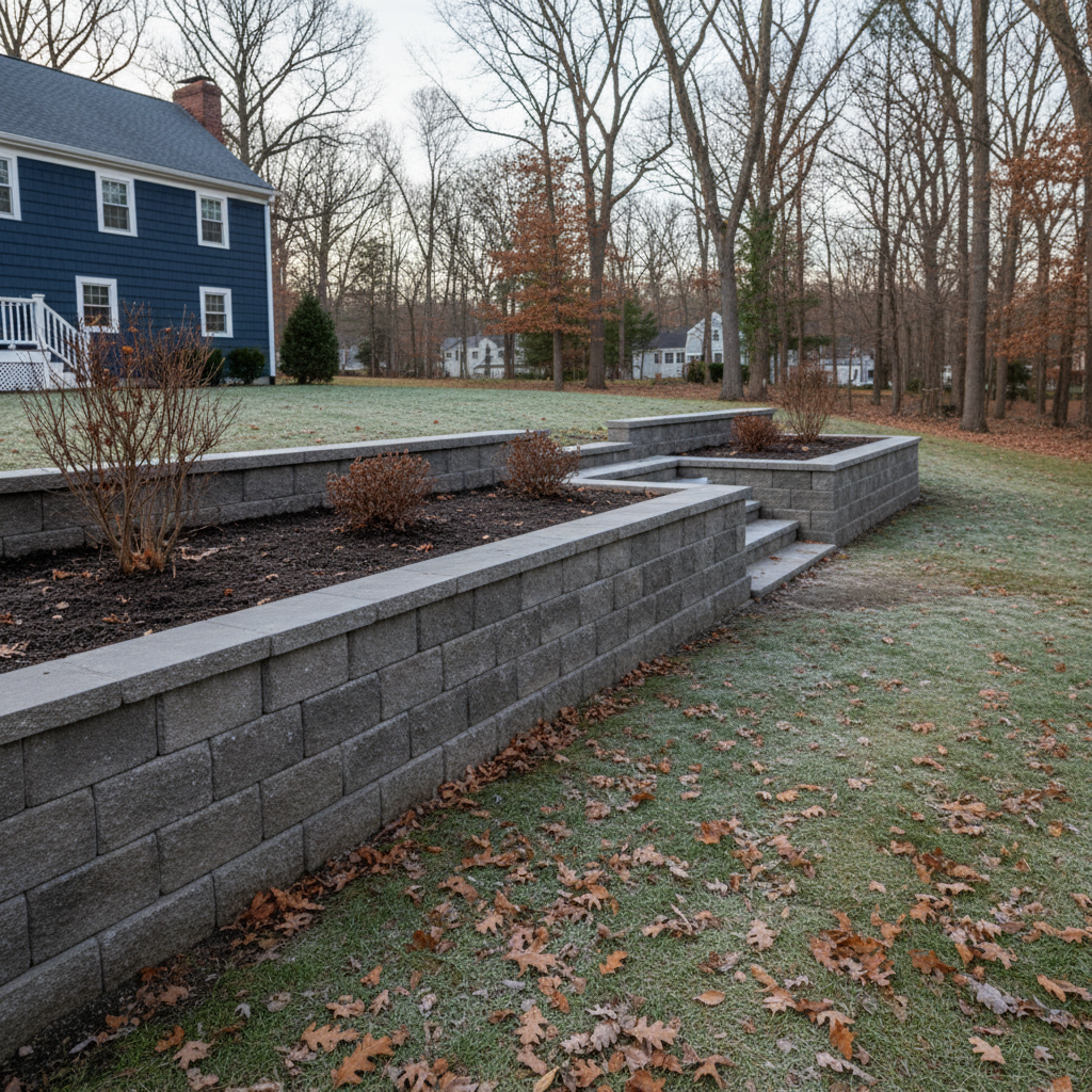 Completed block wall construction work at a residential property in Needham, MA