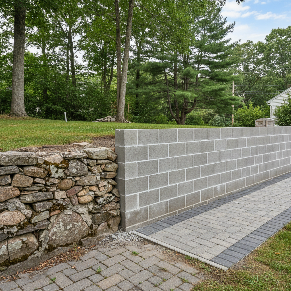 Completed block wall construction work at a residential property in Needham, MA