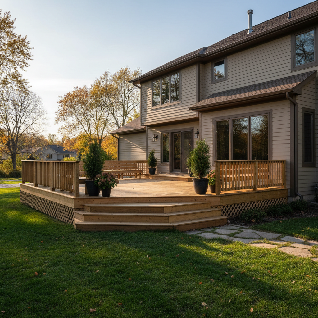 Completed wooden decks work at a residential property in Bloomington, MN