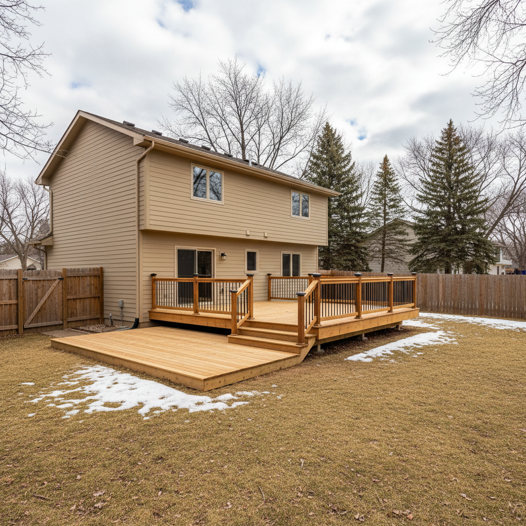 Completed wooden decks work at a residential property in Bloomington, MN