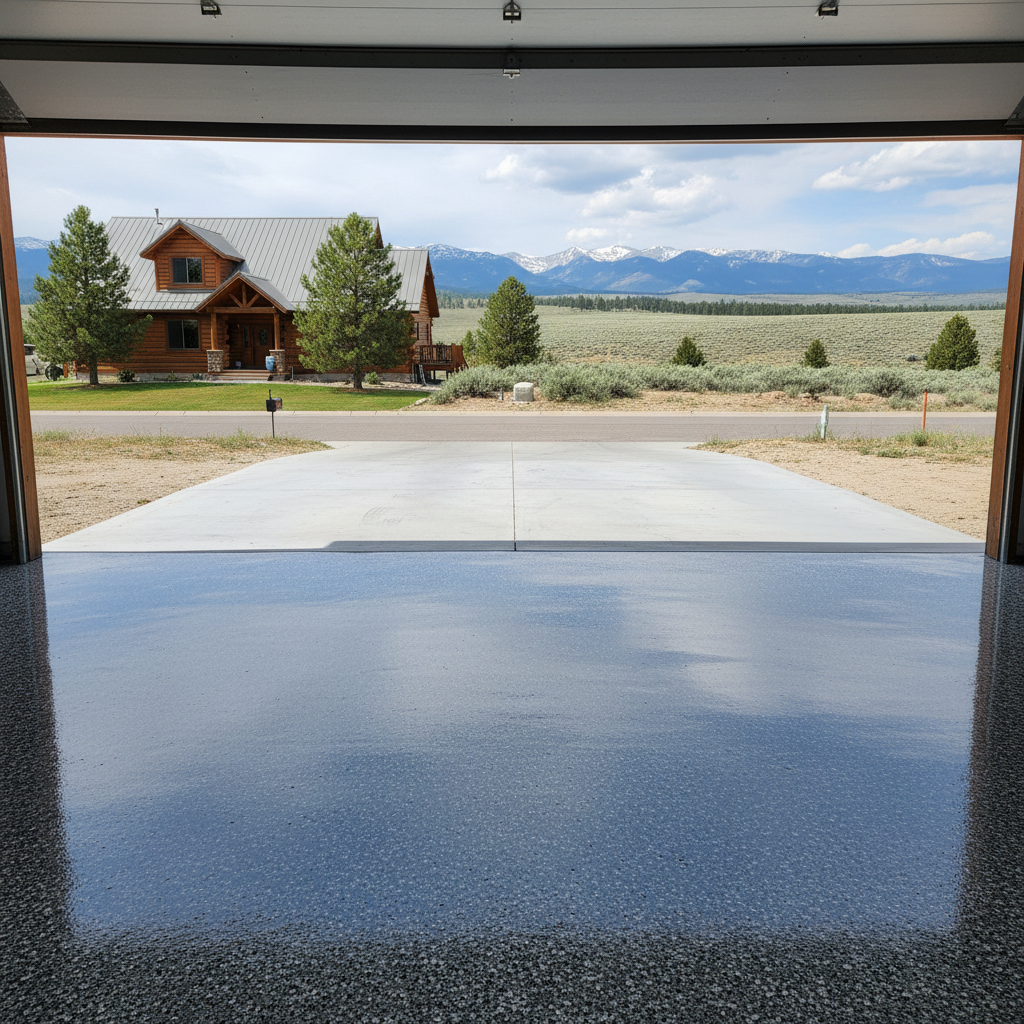 Completed epoxy floor coating work at a residential property in Victor, MT