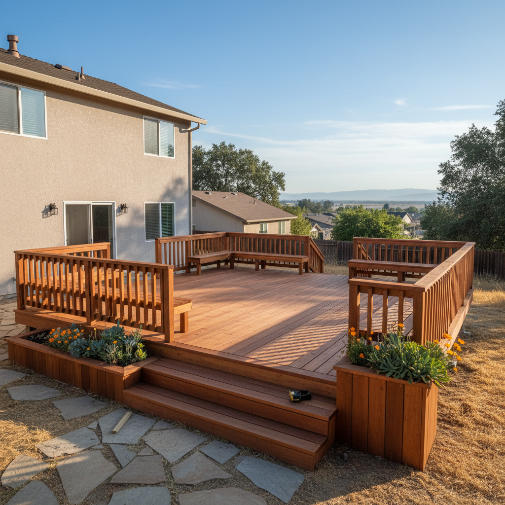 Completed wooden decks work at a residential property in Fresno, CA