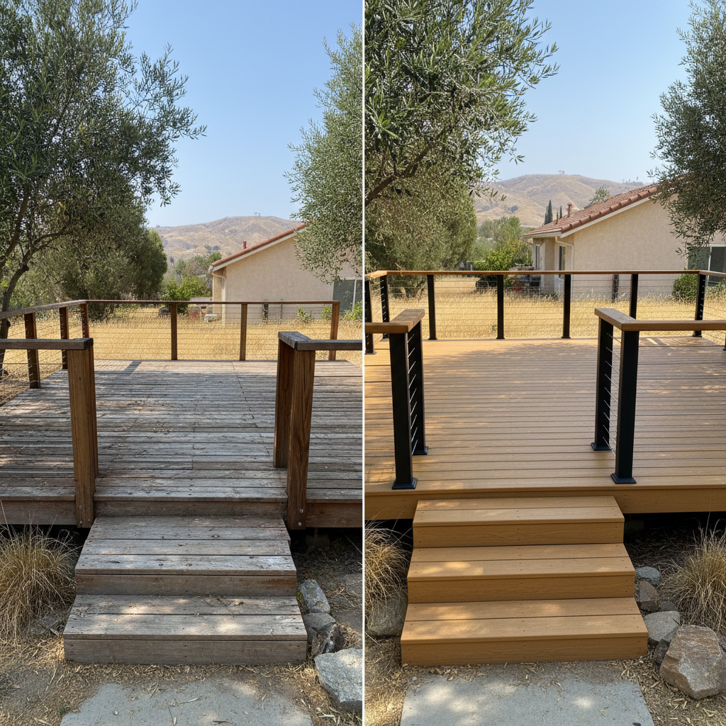 Completed wooden decks work at a residential property in Fresno, CA