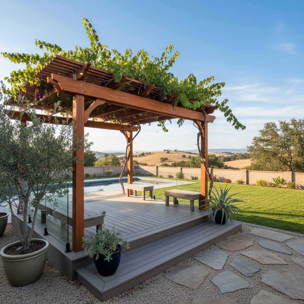 Completed pergola construction work at a residential property in Fresno, CA