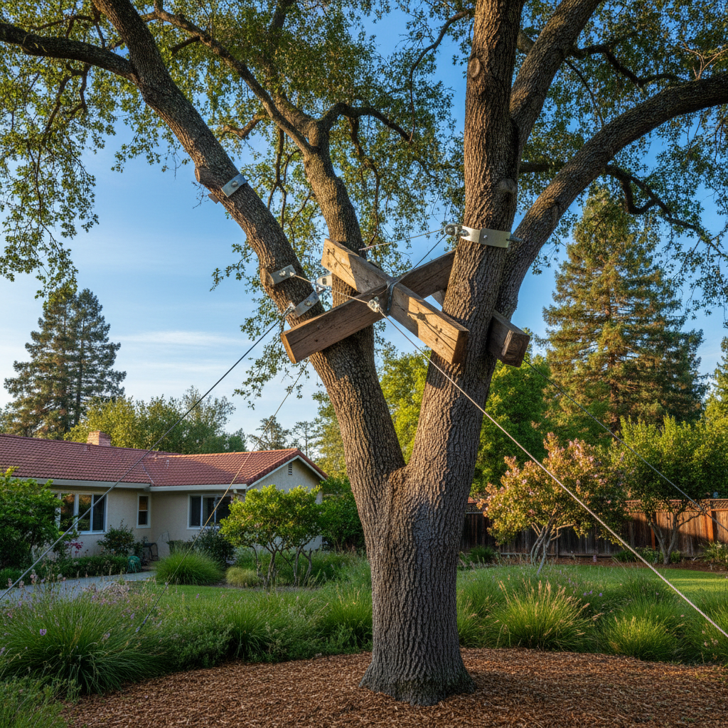 Completed tree cabling and bracing work at a residential property in San Leandro, CA