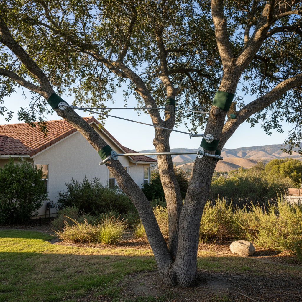 Completed tree cabling and bracing work at a residential property in Grover Beach, CA